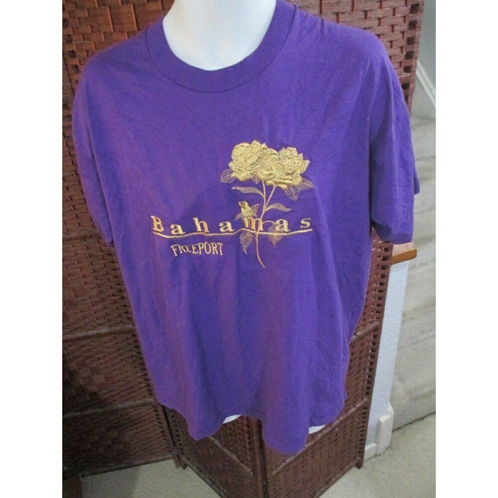 Vintage 90s Bahamas T Shirt Gold Embroidered Adult XL Flowers